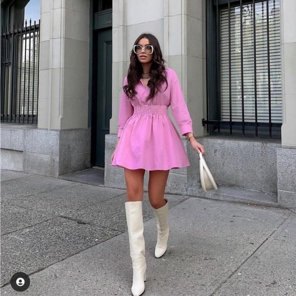 Zara collard v neck pink mini dress — smocked waist long sleeves skater dress - Picture 2 of 15